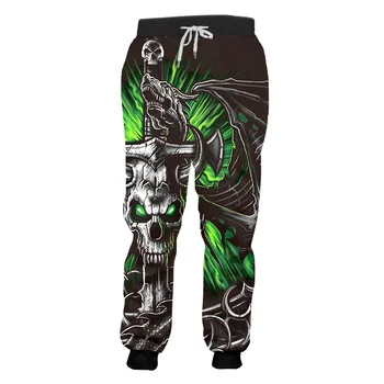 Спортивные штаны с черепом, мужские спортивные штаны с крутым принтом в виде зеленого рога черепа, 3D штаны для бега трусцой, повседневная уличная одежда в стиле хип-хоп, брюки полной длины
