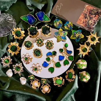 Средневековая классическая Зеленая глазурь, серьги из стекла, Жемчужные Цветочные элементы, женские серьги для девочек, ювелирные изделия, подарки