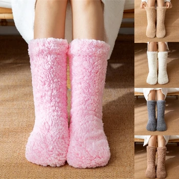 Пушистые носки-тапочки для женщин, зимние теплые постельные пушистые носки с ручками, термозащитные носки-грелки для ног для домашнего сна