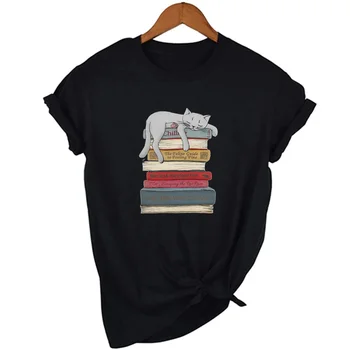 Женская летняя короткая футболка Harajuku с изображением Спящего кота и книги, Модальная уличная одежда, женские винтажные топы, одежда Tumblr