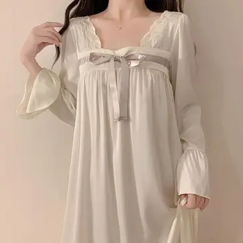 Ночная рубашка, шелк, ледяной шелк, женская пижама в дворцовом стиле с длинными рукавами, длинная пижама, домашняя одежда с квадратным вырезом в тонком стиле