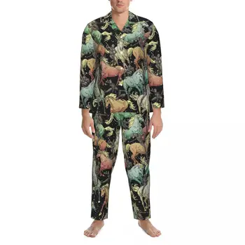 Пижама с принтом лошади, мужская пижама Ниндзя, Единороги, Кавайная одежда для сна, Осень, 2 предмета, Свободный негабаритный домашний костюм с рисунком