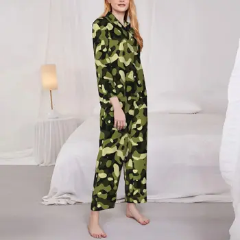 Камуфляжные зеленые пижамные комплекты с армейским камуфляжным принтом Романтическая пижама Женская с длинным рукавом Винтажная пижама из 2 предметов Большого размера