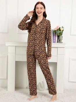 Большие размеры S-3XL, Женская Домашняя одежда с Леопардовым Принтом, Комплекты из 2 предметов, Свободные Пижамы С Длинным рукавом, Женские Повседневные Пижамы из 100% Вискозы