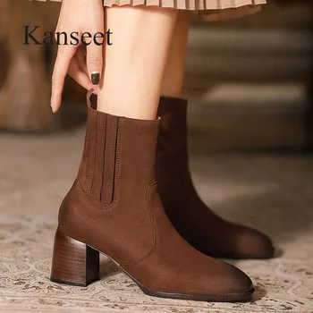 Kanseet / Новая зимняя обувь на толстом высоком каблуке 2021 г., женские ботильоны с квадратным носком из натуральной кожи ручной работы, женские полусапожки коричневого цвета 40 г.