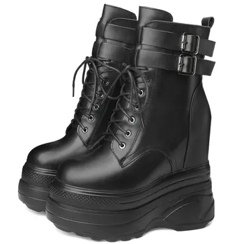Зимние туфли-лодочки на платформе, женские зимние ботинки на высоком каблуке из натуральной кожи со шнуровкой, женские модные кроссовки с круглым носком, повседневная обувь