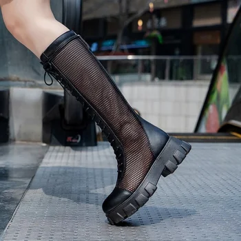 Летние женские ботинки на платформе на толстом каблуке длиной до колен, женские сандалии на молнии с круглым носком, сетчатая женская модная удобная обувь