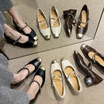 Женская обувь на плоской подошве, весна-осень 2024, новые тонкие туфли на плоской подошве с квадратным носком, модные туфли-лодочки на плоском каблуке, Размер 35-40