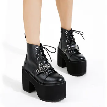 Женские ботильоны на массивном высоком каблуке, черные короткие ботинки на платформе в готическом стиле в стиле панк, женские мотоциклетные ботинки на шнуровке и молнии, Большие размеры 43