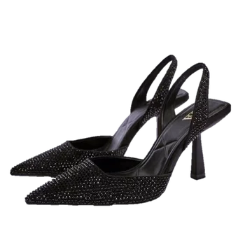 Весенне-осенние босоножки Женские черные с заостренной задней частью и пустыми высокими каблуками Туфли Mueller с бриллиантовым блеском