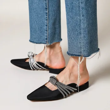 Женские шлепанцы-слипоны, весенние тапочки Muller с острым носком, Весенний комфорт, простые туфли на плоской подошве, Элегантные Женские туфли с блестящими кристаллами.