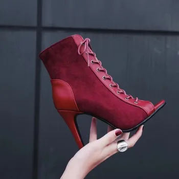 Женская обувь, Босоножки на шнуровке, Высокие каблуки, Лето 2023, Красные полые Сексуальные короткие сапоги с открытым носком, Модная танцевальная обувь, женские сандалии