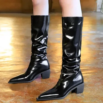 Обувь BIGTREE, женские сапоги до колена из лакированной кожи, женские ботинки на толстом каблуке, Новые зимние ботинки 2023 года, модные высокие сапоги, женская обувь