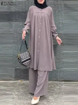 ZANZEA Fashion Party Мусульманские костюмы, женские топы с длинными рукавами, 2 шт., Широкие брюки, женская Винтажная Исламская одежда, Городские спортивные костюмы