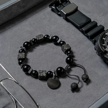 Черный браслет, квадратный браслет из вулканического камня, мужские матовые черные стеклянные бусины, Регулируемый браслет, браслет-оберег