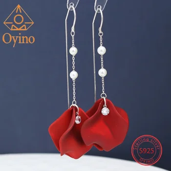 Серьги для женщин Oyino NEW S925 из стерлингового серебра с лепестками роз и жемчужной кисточкой, длинные модные украшения с защитой от аллергии