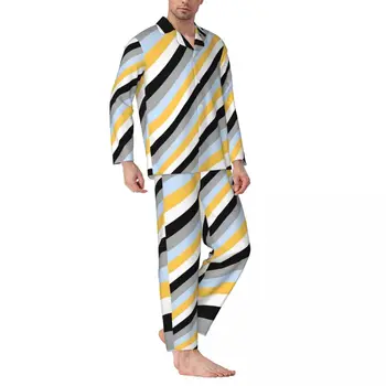 Пижамный Комплект Colorblock Multicolor Waves Kawaii Пижамы Мужские С Длинным Рукавом Винтажные Повседневные 2 Шт. Пижамы Большого Размера 2XL