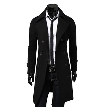 Мужское двубортное ветрозащитное хлопчатобумажное пальто Длинное шерстяное пальто из смесовой шерсти, облегающее однотонное высококачественное деловое пальто высокого качества