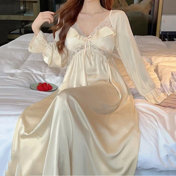 Новая весенне-летняя женская длинная ночная рубашка пижамы Элегантная ночная рубашка принцессы в дворцовом стиле Свободный атласный кружевной халат Домашняя одежда