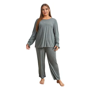 Пижама большого размера женская толстовка мм 200 фунтов Осенне-зимний однотонный комплект одежды для отдыха с длинным рукавом пижама для женщин traf