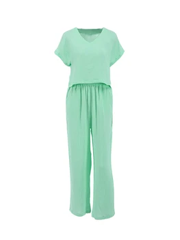 Женский пижамный комплект из 2 предметов, однотонные свободные топы с короткими рукавами и эластичные брюки, мягкая пижама для ночного отдыха